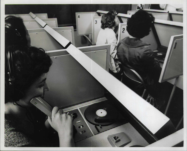 Students practicing their foreign language skills in the language laboratory